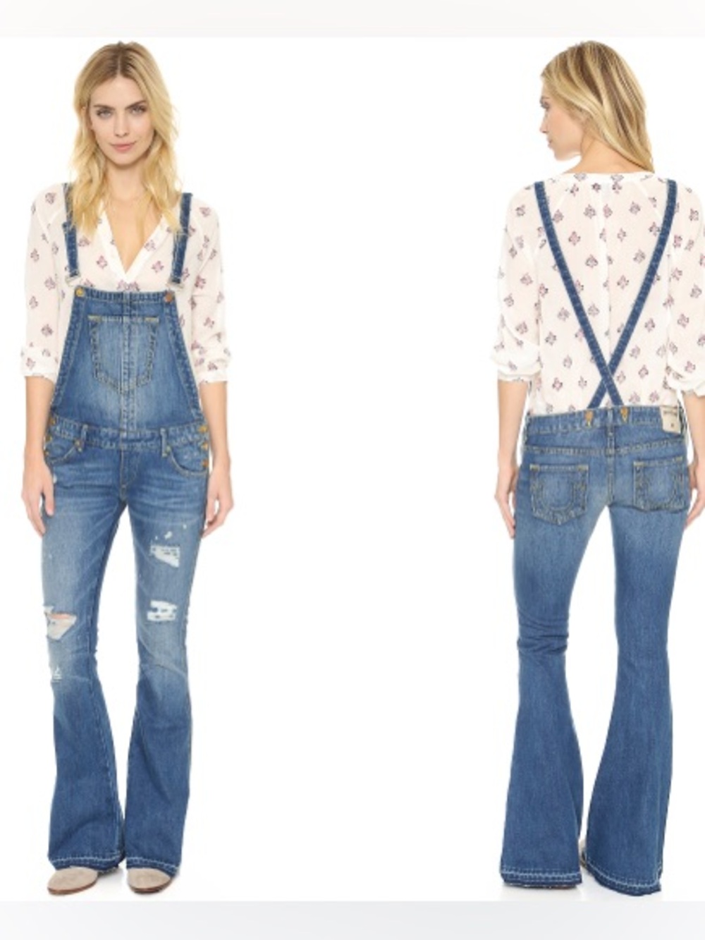 True Religion Karlie Overalls Size 28 Distressed Denim Flared Leg Made in USA